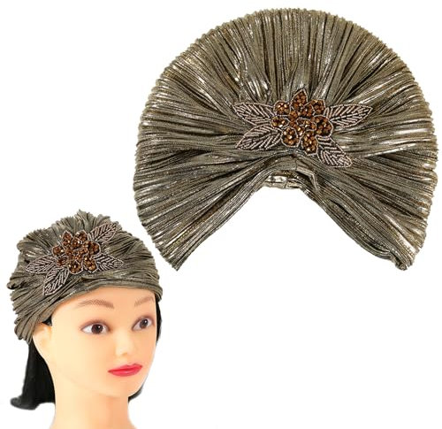 EULAPGOE Damen Turban Hut mit Kristall Brosche 1920s Vintage Turban Hut Glitzer Elastische Kopf Wraps Gatsby Fasching Kostüm Accessoires(Stil 1)