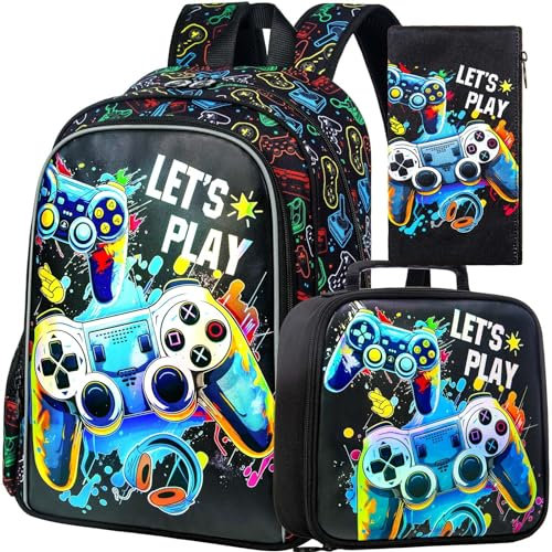 KLFVB 3PCS Dinosaur Backpack for Boys, 16 Kids Bookbag and Lunch Box, Preschool Backpacks for Elementary Students, Upgraded Uv Printing Game Console Backpack Set, One Size, Upgraded Uv Printing Game