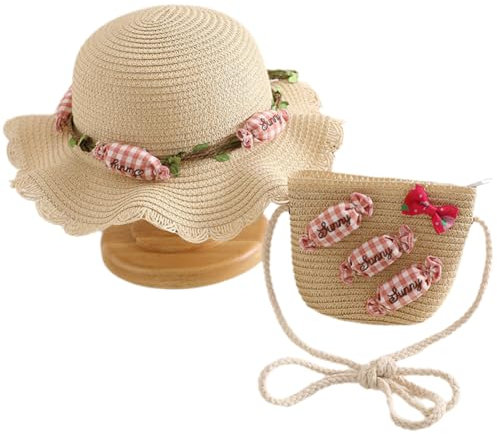 Sombrero de Paja y Bolso de Verano para Niña,Gorra de Sol Bolso Pequeño para Niñas,Mini Sombreros de Playa con Dulces Decoración,Suministros para Niños Viaje Piscinac al Aire Libre (Beige)