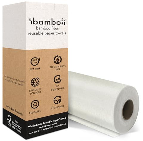 Ibambo Reusable Paper Towels Bamboo | Ultra Absorbent & Durable | Reusable Paper Towels Washable Roll | FSC Certified | 100% Rayon Derived From Bamboo | Towel Alternative | 20 Sheets, 12x11 | 1 Roll