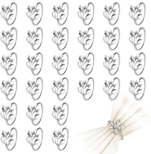 SITAKEGS Silver Leaf Napkin Rings Set 30 Pcs Metal Serviette Ring Holders | Table Setting Decorations Serviette Ring Buckles, Cloth Napkin Holders for Wedding Thanksgiving Christmas Dinner Party