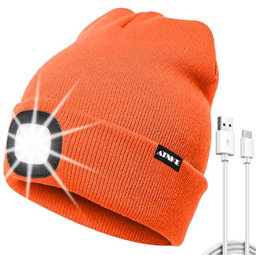 ATNKE LED Mütze mit Licht, USB Typ C Wiederaufladbare 4 LED Beleuchtete Laufmütze Extrem Heller Lampe Winter Warme Stricken Mütze für Herren und Damen Geschenke/Bright Orange