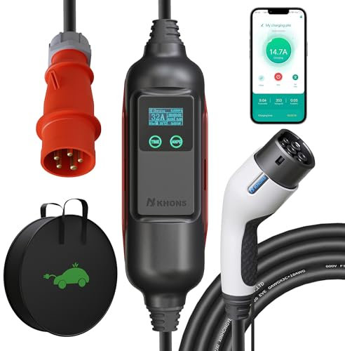KHONS Typ 2 Ladekabel mit CEE-Stecker 22 kW 6–32 A 3 Phasen 6 m IP65 wasserdichtes tragbares EV-Ladegerät und einstellbare Mobile Wallbox-Ladestation für IEC 62196-2 mit Smart-App