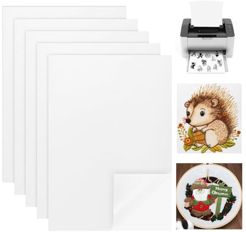 5 Piezas Estabilizador de Bordado Soluble en Agua, A4 (29.7x21cm) Autoadhesivo Soluble en Agua Papel de Bordar Imprimible, Plantillas de Bordado Solubles en Agua para Imprimir Bordado Dibujado a Mano
