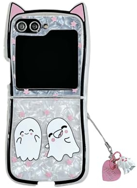 Casevita Niedliche Hülle Kompatibel mit Samsung Galaxy Z Flip 5 mit Anhänger, Weiche TPU Katze Design Lustige Cartoon Anime Geist Schutzhülle für Z Flip 5 für Frauen