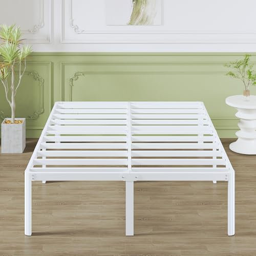 Lutown-Teen Bett 140x200 Weiß mit Lattenrost, Höhe 46cm Metallbett 140x200 cm mit Runde Eckbeine, Robust Metall Bettgestell mit Viel Stauraum unter dem Bett, Geräuschfrei, Einfacher Aufbau