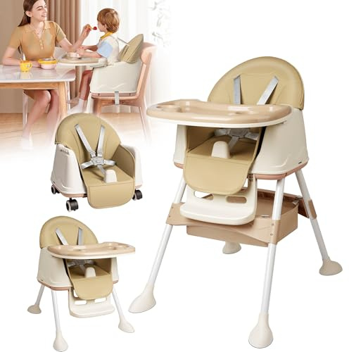 XMTECH Baby Hochstuhl Multifunktionale Kinderhochstuhl Blau Babystuhl Höhenverstellbar PP Kinder Hochstuhlgestell mit 4 Rädern und Fußstütze (Beige)
