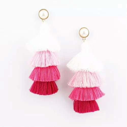 Boho Quasten Ohrringe Mehrfarbige Baumwollschichten Quaste Damen Ohrringe mit Perle-E3795-Pink