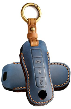 ATFIGII Coque de clé en cuir compatible avec Porsche Cayenne Taycan 911 992 Turbo S 2020-2025 - Porte-clés fait à la main - 3 boutons - Bleu