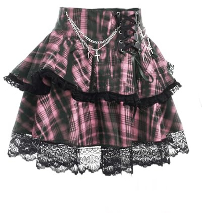 Jupe plissée à volants pour femme - Taille haute - Solide - Croustillant croisé - Style gothique, Rose/plaid, S