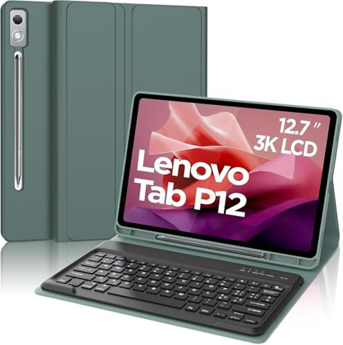 FOGARI Funda con teclado italiano ergonómico para Lenovo Tab P12 12,7 - Teclado portátil Bluetooth magnético desmontable, con ranura para lápiz, compatible con Lenovo Tab P12 2023, verde oscuro