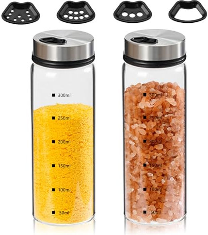 500 ml Spice Jars with Twist Lid, Pack of 2 Borosilicate Glass Spice Shaker Glass with 4 Types of Spice Holes, Round Salt Shaker Large, for Spices or Herbs in the Kitchen or Outdoor Barbecue