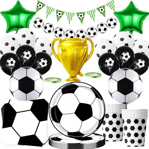 Juego de decoración de cumpleaños de fútbol, 82 piezas de vajilla de fiesta con trofeos grandes, globos de papel de aluminio, juego de accesorios para fiestas, platos de papel de fútbol, servilletas