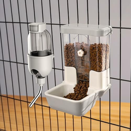 Automatic Pet Food Water Dispenser, Auto Gravity Pet Feeder Water Bottle Set for Crate Cage, Feeding Station for Small Dog Cat Rabbit Guinea Pigs Chinchilla Ferret Hedgehog (Grey)