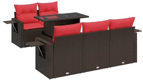 vidaXL 6 Piece Garden Sofa Set with Cushions Brown Poly Rattan Acacia, outdoor sofa set, garden lounge set