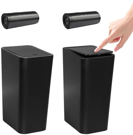 2 Pack 10L Bedroom Bin with Garbage Bag, Touch Top Bathroom Bin with Lid | Plastic Rubbish Trash Can for Office, Living Room, Kitchen, Office,Toilet,Kitchen
