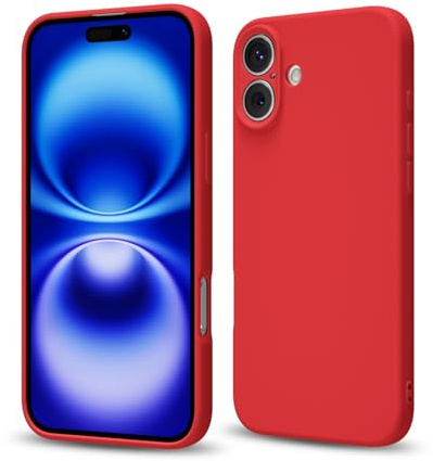 Svaove for iPhone 16 Phone Case Liquid Silicone, Thin Ultra Slim Minimalist Phone Cover, Girly Cute Plain Bright Solid Color Matte Soft Rubber Jelly Gel Plastic TPU Bumper, Red