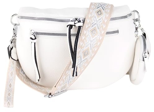 MIRROSI® Bauchtasche Damen, Veganleder 30x20x9cm, Umhängetasche, Brusttasche, Crossbody bag, Kunstleder leder, verstellbare Schulterriemen Bohemian Style (Weiß)
