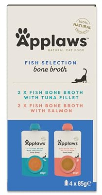 Applaws 100 % Natürliches Nassfutter für Katzen – Fischknochenbrühe Probierpaket, 4 x 85g Ausgießbeutel
