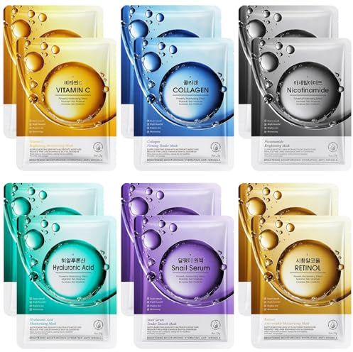 12 Pack Sheet Face Masks Skincare, Hydrating Face Sheet Masks, Beauty Face Mask Set Pamper Gifts for Women, Collagen Face Masks, Hyaluronic acid Face Mask, Moisturizing, Brightening, Anti-Aging