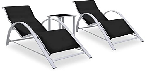 Tumbonas de Exterior, Juego de 2 Tumbonas con Mesa de Aluminio, Negro, Diseño Plegable y Apilable, Resistentes a la Intemperie,Piscina, Terraza o Playa, Incluye Mesa de Vidrio Templado, 167x60x66 cm