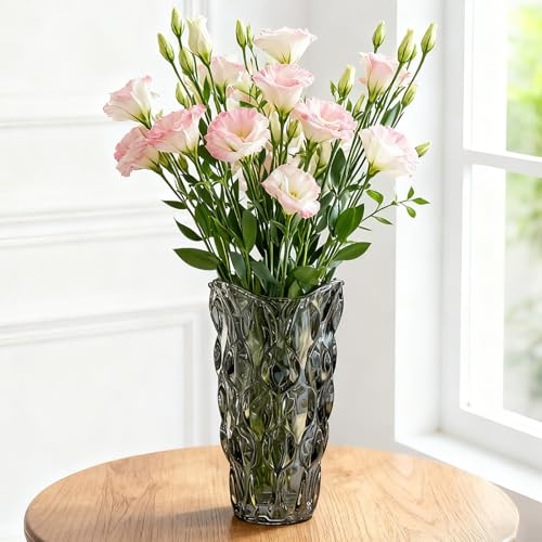 Glas Blume Vase, 24cm hohe Moderne Minimalistische Glasvase Mordische Kristall Dekorative Handgemachte Blumenarrangement für Home Office Dekor, Geschenk für Hochzeit Housewarming feiern Grau