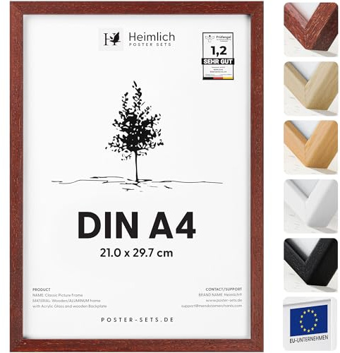 Heimlich Fotorahmen aus massivem Ayous-Holz – DIN A4 21 x 29,7 cm, Mahagoni | Heimlich® – Robuste Dokumenten-, Zertifikats- Und Diplomrahmen Aus Holz – Wand- Oder Tischaufsteller