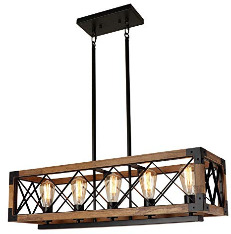 Yvsevnr Vintage Pendelleuchte Holz Esstischlampe 80CM Hängelampe 5 x E27, Industrial Esstischlampe, Höhenverstellbar, Rechteckig Küchenleuchten für Esszimmer Küche Wohnzimmer Bar (Ohne Leuchtmittel)