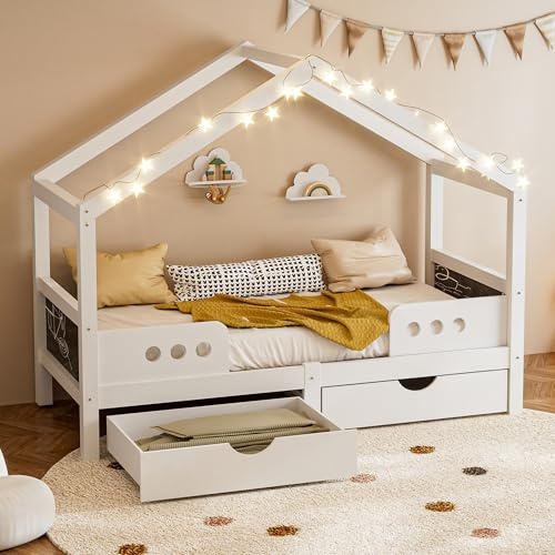 CelticHearth Hausbett 90x200, Kinderbett mit Dach und 2 Schubladen Weiß