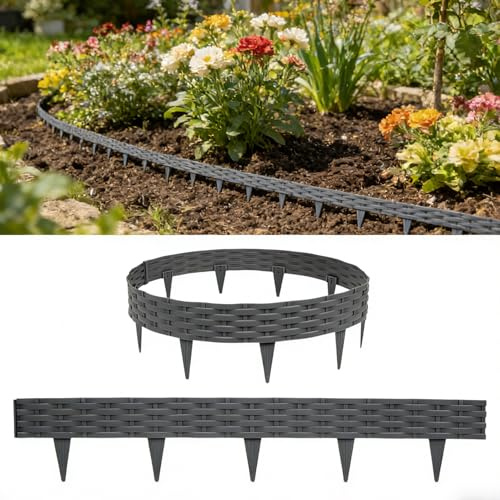 Ferzone 10M Bordure de Jardin Plastique, Bordure de Jardin Aspect Rotin, Bordures de Parterre Flexible Résistant, Palisade Parterre Extérieur, Bordures Pelouse pour Gazon Verger Potager, Anthracite