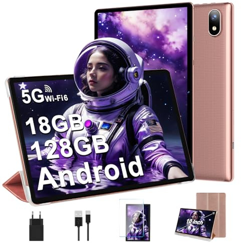 DMOAO Tablet 10 Pollici Android con 18GB RAM + 128GB ROM(TF 1TB), HD Tablet con 5G Wi-Fi 6, Widevine L1, Octa-Core 1.8 GHz, USB-C, BT 5.0, 6000mAh,Custodia, Oro Rosa