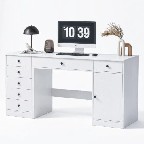 VOWNER Computer Desk and 5 Drawers Filing Cabinet | White Desk with Drawers, 120cm Wide x 80cm High – Practical Storage Desk for Home Office, Study, and Compact Spaces