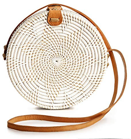 Novum Crafts Rattan-Taschen für Frauen – handgefertigte geflochtene Korbbörse, Handtasche, Kreis, Boho-Tasche, Bali, weiß, Diameter: 7 3/4” (20 cm)