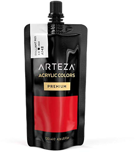 ARTEZA Peinture acrylique rouge brillant haut de gamme | Poche/tube plastique 120ml| Pigments Haute Densité |Peinture sur toile | Peinture bois | Palette peinture plusieurs couleurs disponibles
