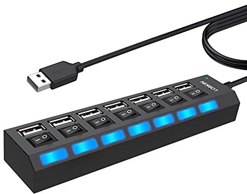 LOBKIN USB Hub 7-Port,Tragbar USB 2.0 Hub mit Einzelnen LED-Netzschaltern fur Laptop, PC, MacBook und weitere USB Geräte