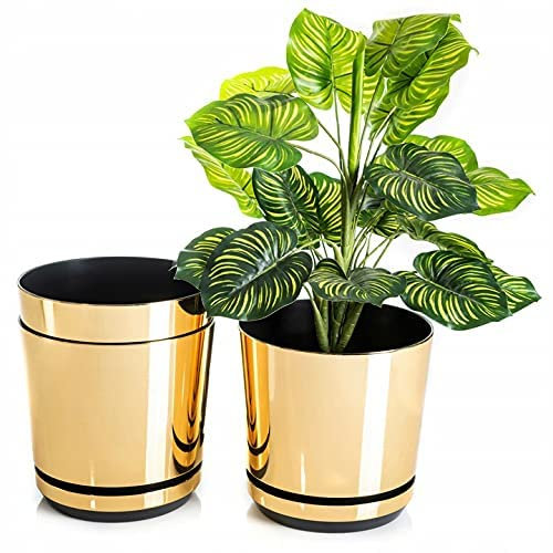 KORAD Gold Mirror Flower Indoor Plant Pot With Saucer Plastic Gloss Modern Decorative Planter with Drainage Holes (26 cm - 10.2 inch)