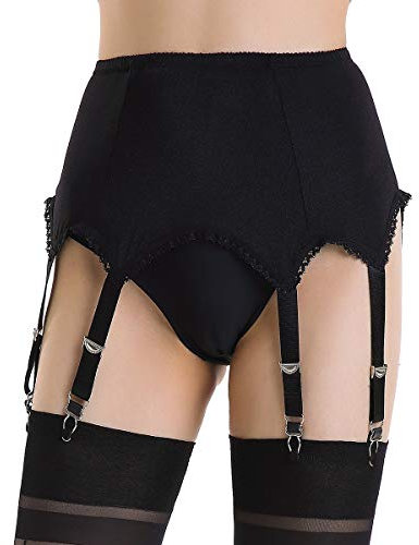 Alacki Reggicalze vintage tinta unita con 6 cinghie clip in metallo bretella per calze alte della coscia (S~2XL), nero, XX-Large