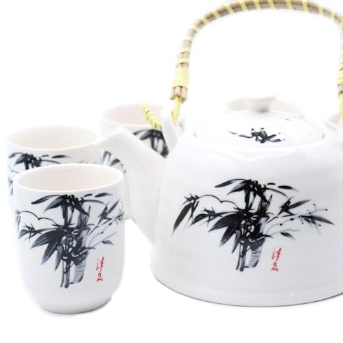 Herbal Teapot Blue Stone Oriental .Built in Teastrainer and 6 Matching Cups
