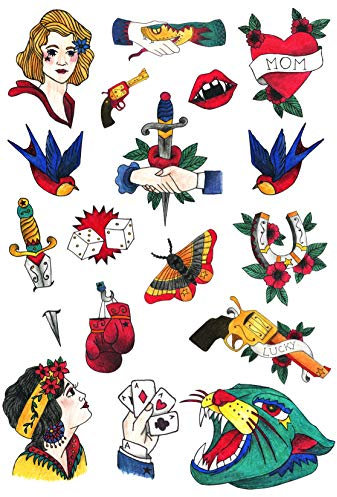 Tatsy Old School Temporary Tattoo Set, Original Cool Oldschool Vintage Design, Party Fun Tattoos, Fake Tattoo Body Art Cover Up for Men and Women, Unique Drawings