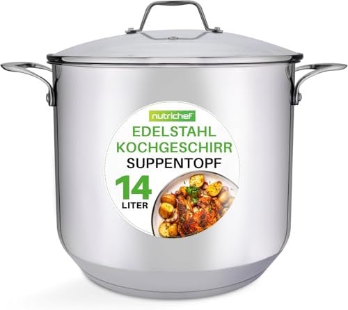 NutriChef Large Stainless Steel Stock Pot with Lid - Big Soup Pot, Heavy Cooking Pot with Glass Lid - Stew Pot, Cookware Induction Pot, Mirror Finish Stockpot, Deep Casserole Pot, 15-Qt/14.2 Litre