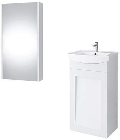 Planetmöbel Waschbecken mit Unterschrank 45 cm inkl. Keramikwaschbecken und Spiegelschrank 40 cm, Gäste WC Badmöbel Set, weiß matt