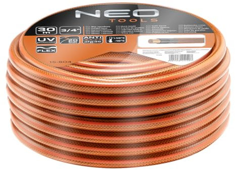 NEO TOOLS Gartenschlauch 3/4 Zoll, 30 m Länge, 4-lagiger - UV-beständig, Flexibel Schlauch - Wasserschlauch aus Erst-PVC, mit Anti-Algen-Innenausstattung - Orange