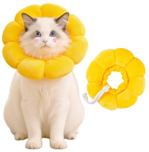 MHwan Collar isabelino Gatos, Ligero y Cómodo, Algodón Suave Collarin, Ajustable, Antilamido, Adecuado para la Recuperación Postoperatoria de Gatos y Perros Pequeños, Lindo Girasol (S)