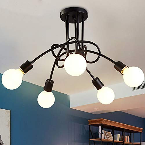 iDEGU Industrielle Retro-Deckenleuchte aus Metall Kronleuchter Lampenschirm E27 Moderne Pendelleuchte für Wohnzimmer Schlafzimmer Esszimmer (ohne Leuchtmittel) (Schwarz, 5 Lampen)