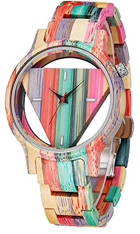 Tiong Herren Holzuhren Einzigartige invertierte geometrische Dreieck Holzuhr Damen Herren Kreatives Hohles Zifferblatt Vollholz Quarz Armbanduhr