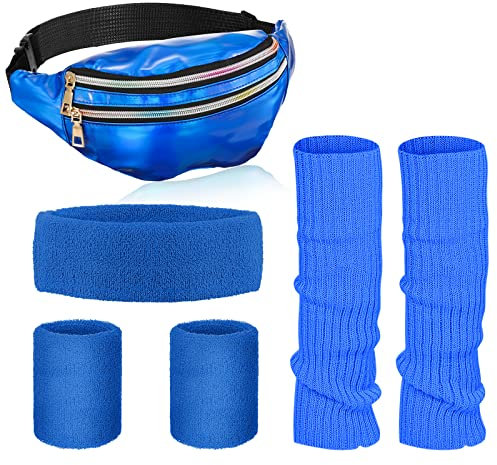 SATINIOR 80er-Jahre-Damen-Beinwärmer-Set, holografische Bauchtasche, gestrickt, Beinwärmer, Stirnband, Armbänder für Yoga, Laufen, Wandern, Dunkelblau, Einheitsgröße, Neon Beinstulpen,01