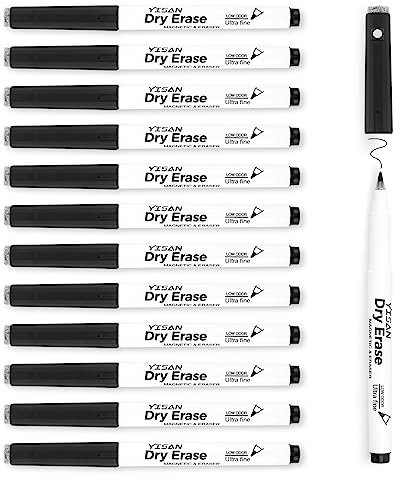 YISAN Magnetic Whiteboard Pens Fine Tip Black,Dry Wipe Pens 0.7mm Extra Fine Point, Whiteboard Markers with Erasers, Low Odor, for School Office Home,70542
