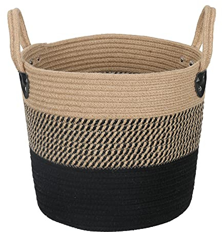 ZOES HOMEWARE 35.6x30.5 cm natürlicher Juteseil gewebter Aufbewahrungskorb mit Griffen für Pflanzen, Decken, Spielzeug – Wohnzimmer, Heimdekoration, künstlicher Baum, schwarz und beige