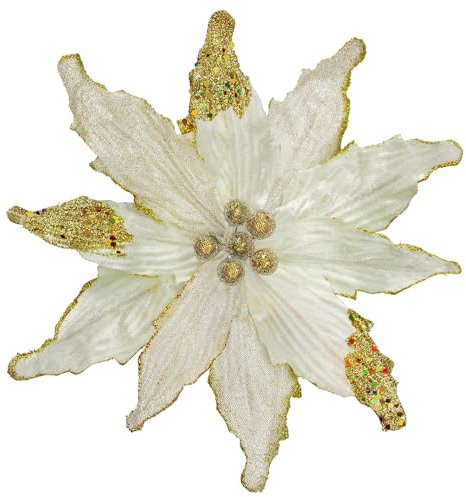 Briful 4 PCS 12 Glitter Poinsettia White Artificial Flowers Stem for Christmas Tree Decorations Fake Poinsettia Flowers Large Artificial Christmas Flowers Arrangements for Xmas Decorations