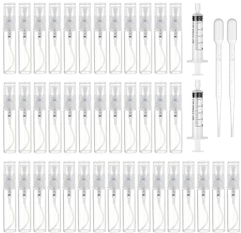 40 Pcs Portátil Botella De Spray, 3 ML Mini Botellas De Pulverización Transparentes, Plástico Botella Atomizador, Perfume Bote De Spray Viaje con 2 Pipeta Y 2 Jeringa Para Aceites Esenciales Loción